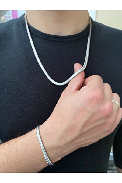 MEKKANMODA Erkek Hasır Model Kolye Bileklik Set Gümüş Gri Renk Çelik