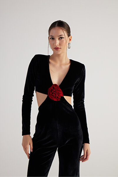 HOLLY LOLLY Floral Detailed Spanish Leg V-neck Low-cut Long Sleeve Samara Jumpsuit Black