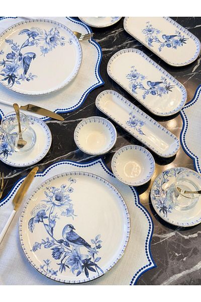 Onedekor 32 Piece Modern Blue Bird Gold Breakfast Set