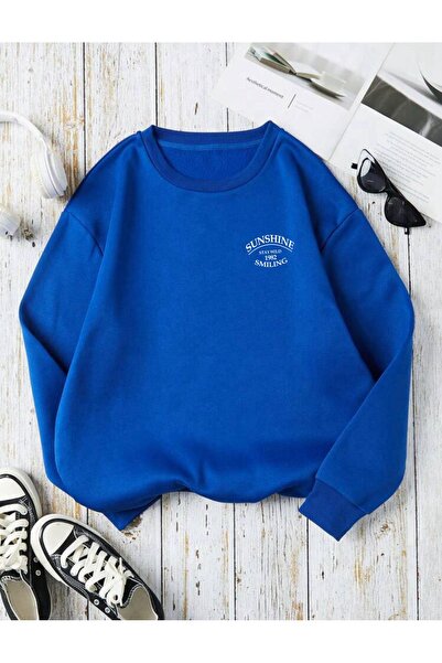 MODARİCH Sunshine Smiling Sweatshirt - Saks Blue Printed Oversize Raised Crew...