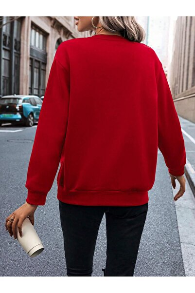 MODARİCH Kelebek Kalp Sweatshirt - Kırmızı Baskılı Oversize Şardonlu Bisiklet Yaka