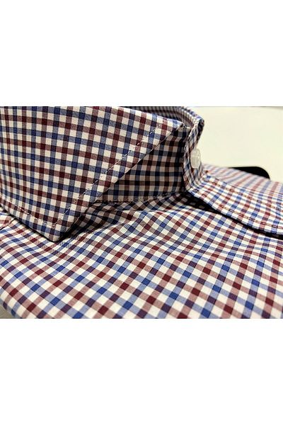Chamis Slimfit Claret Red-Navy Blue Gingham Cut-Out Italian Collar Shirt