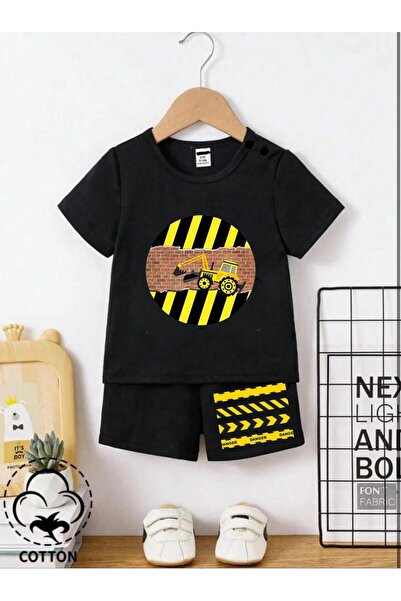 Massgai Mașină de construcție pentru copii - Set de tricou și pantaloni scurți 100% bumbac cu imprimeu Danger