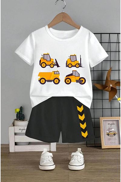 JoneBase Truck Scoop Machine Patterned Children's T-Shirt and Shorts Set - 100% Cotton