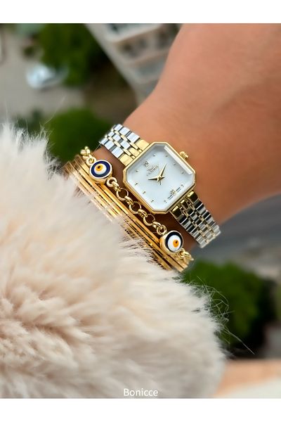 FERRO Brand Steel Cord, Silver Color, Small Cornered Case Women's Wrist Watch + Evil Eye Beaded Bracelet