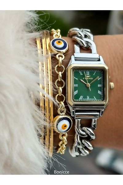 FERRO Brand Steel Chain Cord Silver Color Small Mini Case Women's Wrist Watch + Evil Eye Beaded Bracelet