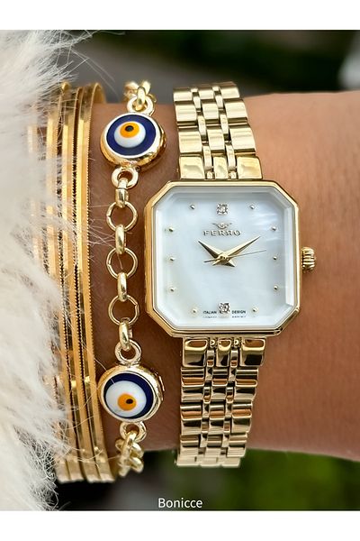 FERRO Brand Steel Cord, Yellow Color, Small Cornered Case Women's Wrist Watch + Evil Eye Beaded Bracelet