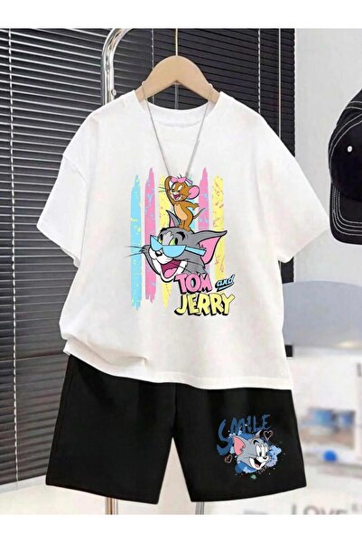 JoneBase طقم تي شيرت وشورت للأطفال بتصميم توم وجيري - 100% قطن