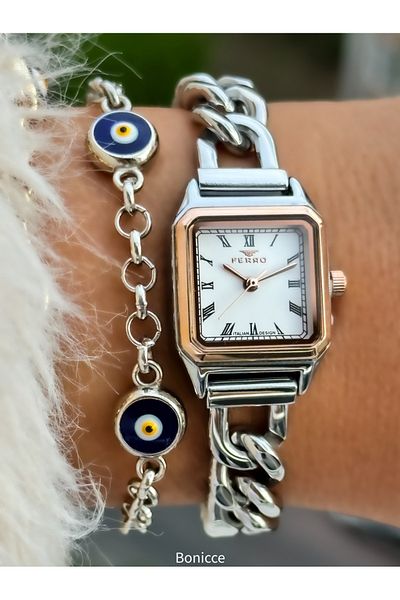 FERRO Brand Steel Chain Cord Silver Color Small Mini Case Women's Wrist Watch + Evil Eye Beaded Bracelet