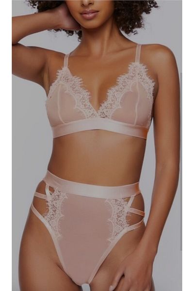 ARDSU 2 Pieces Lingerie Set - Pink Thong Bralet and Transparent Bra Panties Hot