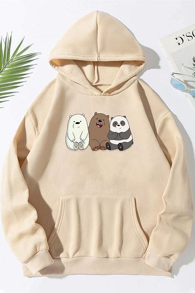 MODARİCH Μπεζ φούτερ με κουκούλα Oversize - Kafadar Bears Printed