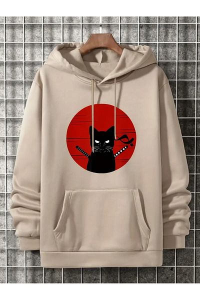 MODARİCH Hanorac oversize bej cu model Ninja Cat - Glugă cu panglică