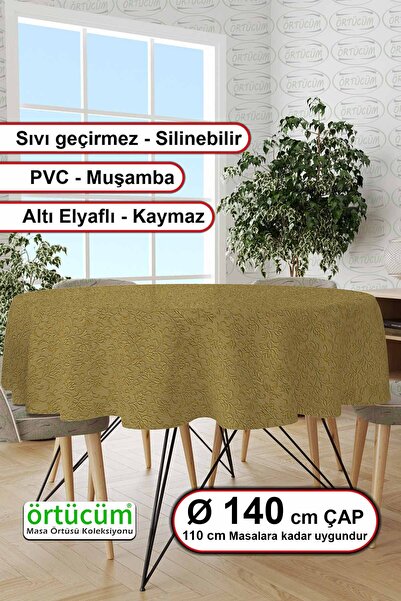 Pvc Tarp Gold Color Self-Patterned Lined Round Tablecloth Erasable Liquid Proof