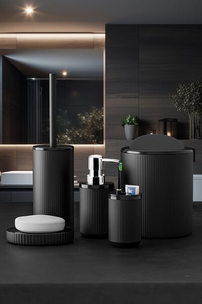 Tugomer 5 Parça Lüx Banyo Seti - Dekoratif Yuvarlak Pratik Kapak Çöp Kovası Diş Fırçalık Sabunluk Fırça Seti