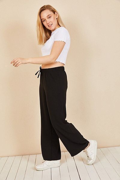 Moda Bu Pantaloni de vară largi, negri, cu talie elastică, picior largi, Aerobin-865829