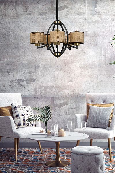 Lumexx Paul Set of 5 Black Rattan Chandelier with Lampshade