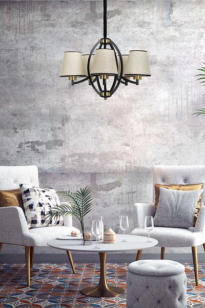 Lumexx Black Chandelier with Wicker, Dusty Rose and Lampshade Paul 3 Piece Black