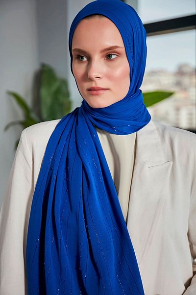 Scarf Şal cu dungi Arya din şifon cu pompon - Saks Blue
