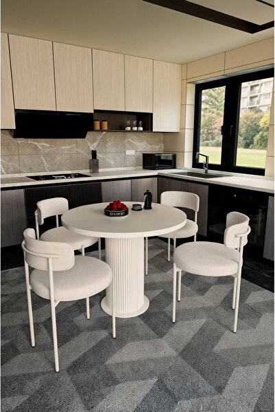 Dekoport Eylül Masa Sandalye Takımı Yuvarlak Masa 4 Sandalye Bukle - Teddy Kumaş Mutfak Masası Yemek Masası