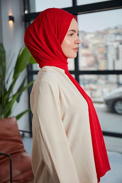 Scarf Şal cu dungi cu pompon din şifon roşu Arya