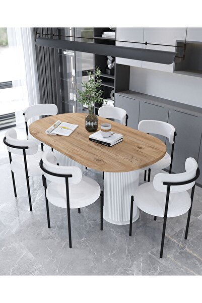 Dekoport Eylül Masa Sandalye Takımı Yemek Masası 6 Sandalye Teddy-Bukle Kumaş...