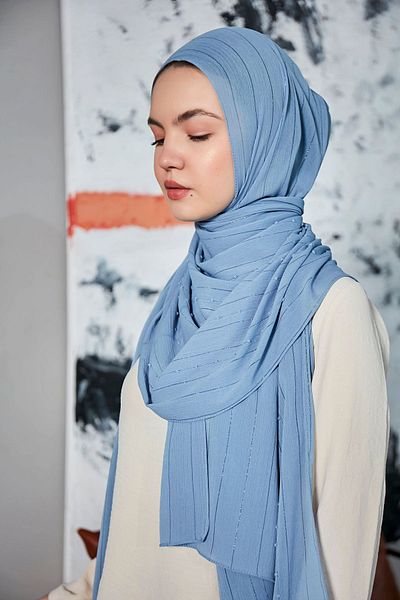 Scarf Şal cu dungi cu pompon din şifon albastru din denim Arya