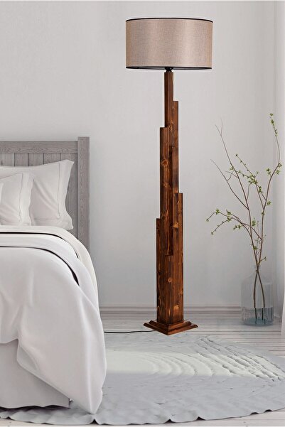 Lumexx Kule Ceviz Ahşap Lambader Silindir Koyu Hasır Abajurlu