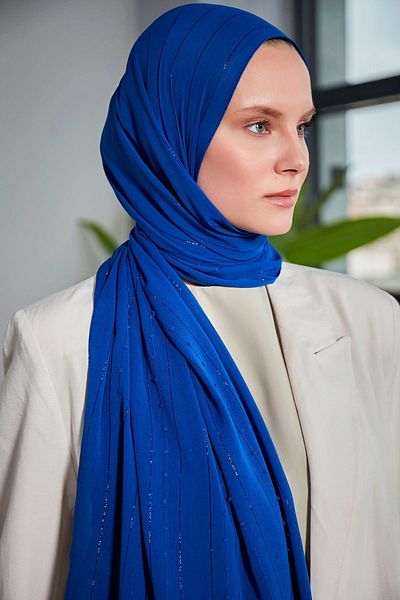 Scarf Şal cu dungi Arya din şifon cu pompon - Saks Blue