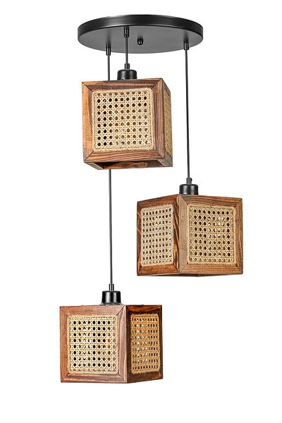 Lumexx KUMSAL Set of 3 - Walnut Rattan Chandelier with Tray