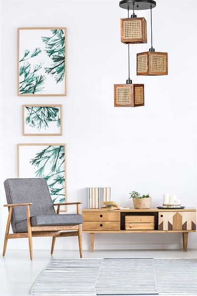 Lumexx KUMSAL Set of 3 - Walnut Rattan Chandelier with Tray