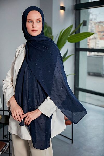 Scarf Şal cu dungi cu pompon din şifon bleumarin Arya