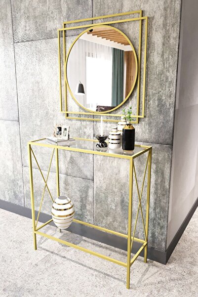 Dekoport Florya Gold Metal Dresuar Ve Ayna Seti