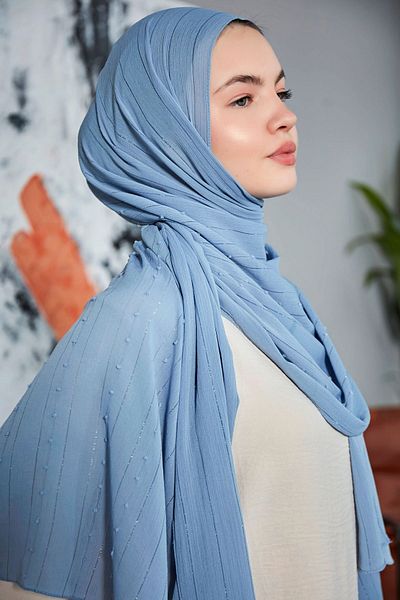Scarf Şal cu dungi cu pompon din şifon albastru din denim Arya