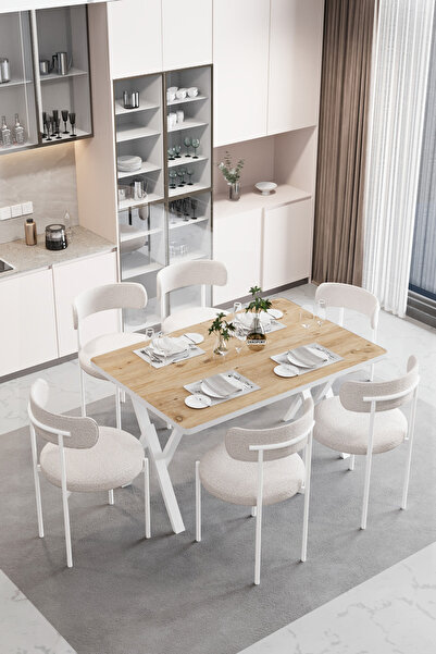 Dekoport Luna 6 Kişilik 80*140 Masa Takımı Teddy Kumaş Sandalye Mutfak Masa T...