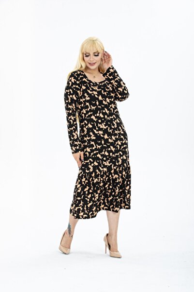 mezura tekstil Plus Size Comfortable Viscose Dress - Knee-Length Square Collar, Long Sleeve