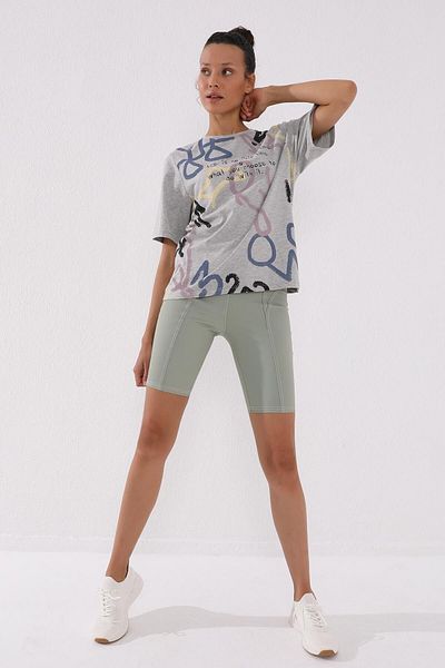 TOMMY LIFE Gray Melange Patterned O-Neck Printed Women's Oversize T-shirt - 97132