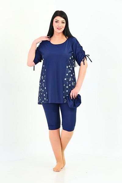 Paleys Mayo Navy Blue Floral Print Large Size Semi Covered Swimsuit - Gathered Sleeves