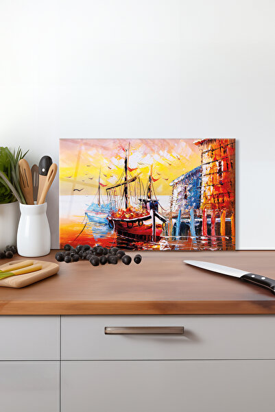 Vosevu Glass Cutting Board - Sailboats in Sunset, Silicone Legs, Heat Break R...
