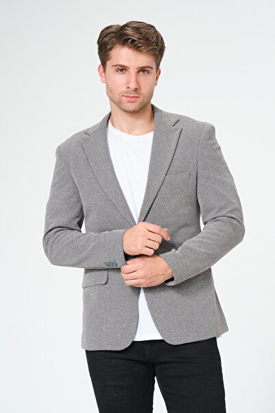 Genel Markalar Gri Mendil Detay Blazer, Klasik Slim Fit Erkek Ceket