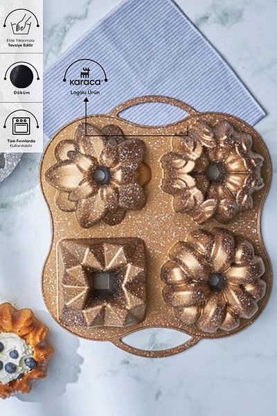 Karaca Cake Pro Set mit 4 goldfarbenen Guss-Kuchenformen