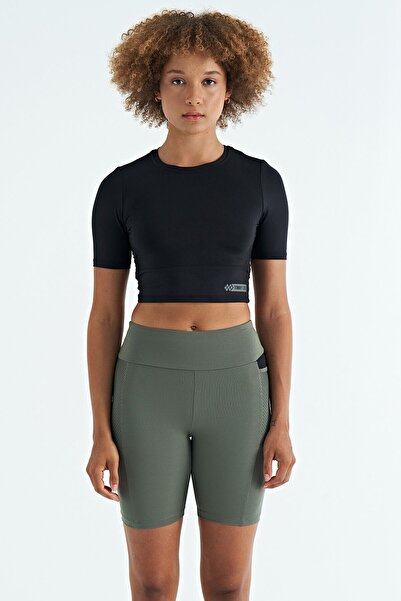 TOMMY LIFE Black Backless Standard Fit O-Neck Women's Crop T-Shirt - 97265