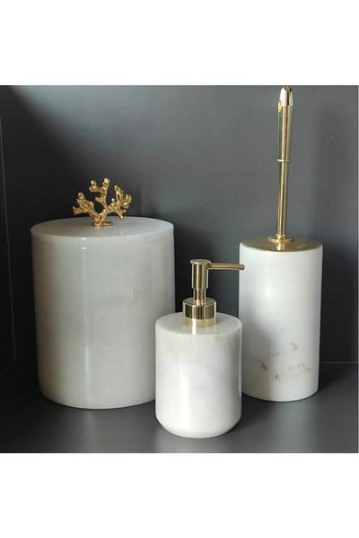 ege gross 3-Piece White Marble Bathroom Set - Decoy Bucket, Wc Brush Holder, Liquid Soap Dispenser