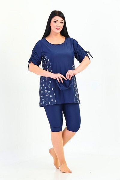 Paleys Mayo Navy Blue Floral Print Large Size Semi Covered Swimsuit - Gathered Sleeves