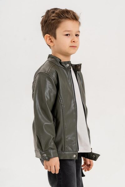 Gold Class Kidswear Fermuarlı Çıtçıtlı Yaka Erkek Çocuk Deri Ceket