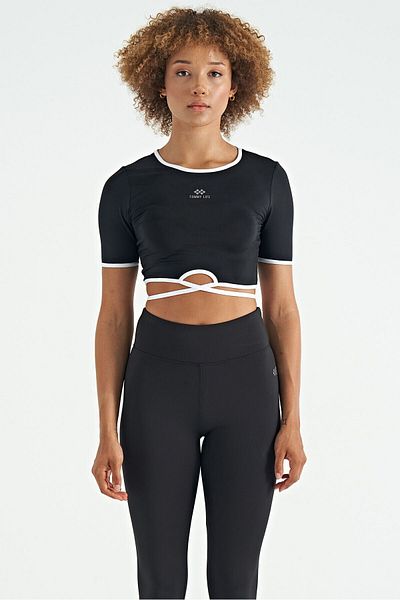 TOMMY LIFE Tricou crop pentru femei din țesătură pentru scufundări, cu cravată neagră în talie, cu decolteu în formă de O, mucegai standard - 97266
