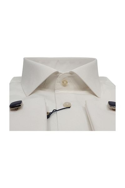 KAMER قميص رجالي من الساتان الكريمي - Slimfit، أساور مزدوجة، أزرار أكمام، ياقة كلاسيكية 2104kr