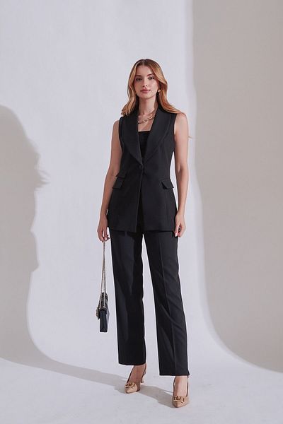 Rabia Çelik Black Buttoned Vest and Trousers Set - Women's Dress