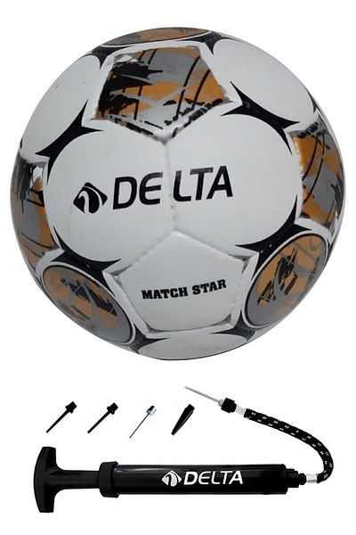 Delta Match Star Hand Stitched Size 5 Dura-Strong Football Ball + Multifunctional Ball Pump Double Set