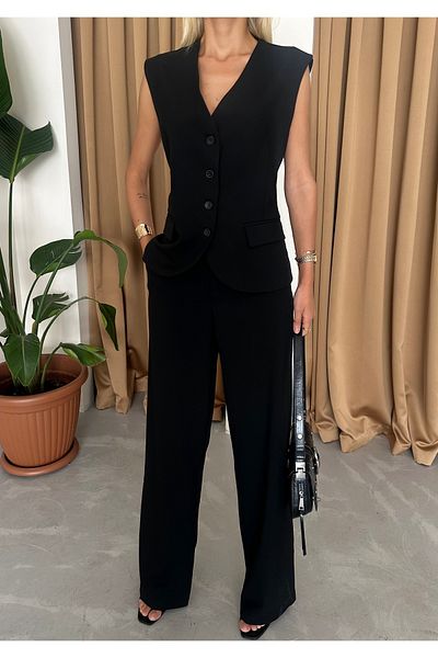 Laluvia Schwarzes Poliviskon-Weste- und Palazzo-Hosen-Set mit Taschen