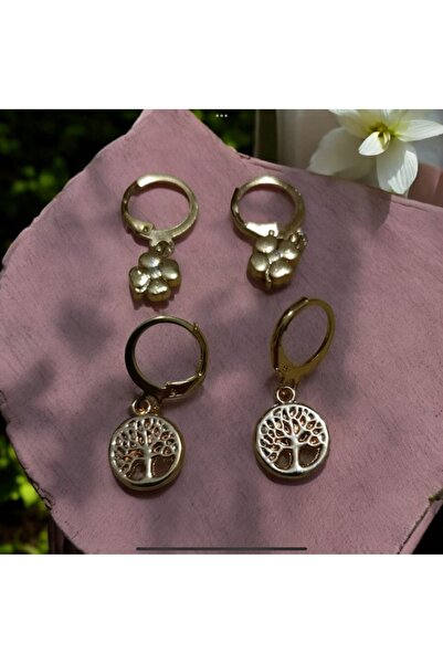 feyza collection 2 Çift Kararmaz Kaplama Hayat Ağacı - Yonca Küpe